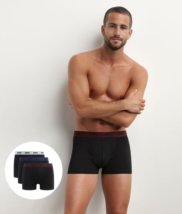 DIM Pack of 3 black men's boxers with coloured waistband Raisin Mix & colours