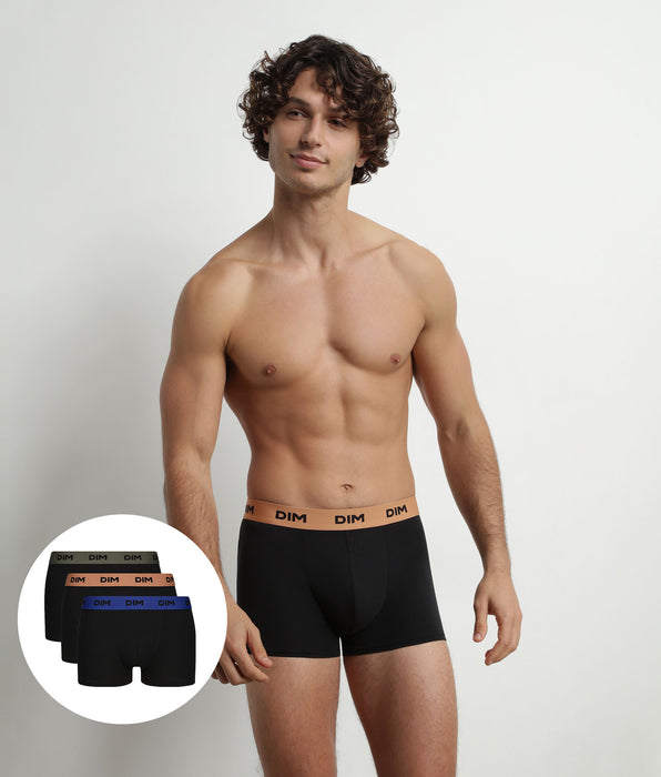 DIM Lot de 3 boxers homme Noir coton stretch Noisette Vert Mix & Colors
