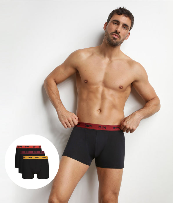 DIM Pack of 3 men's boxer shorts in black with coloured waistband Flamme Mix & Colors