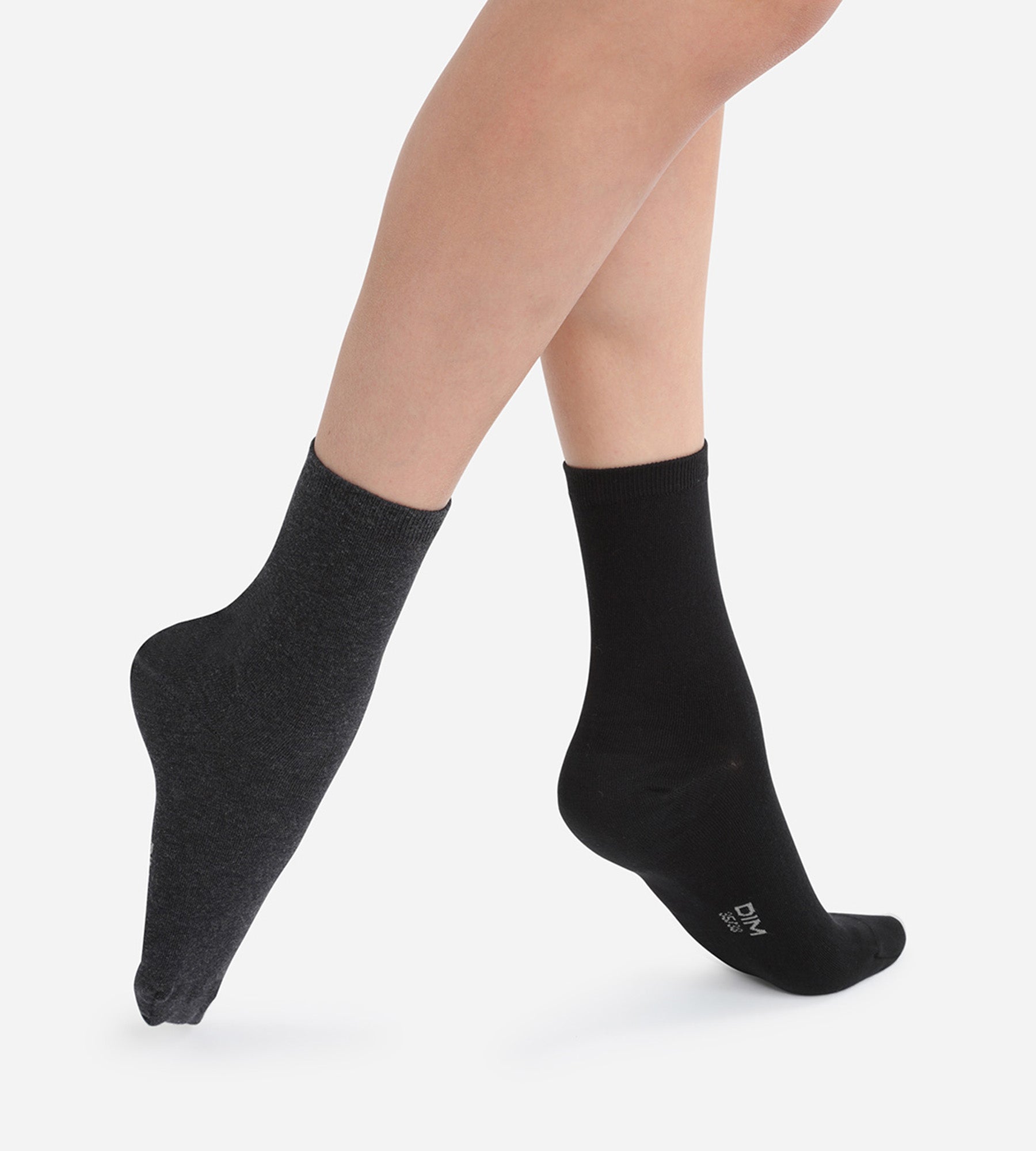 Pack of 2 pairs of charcoal & black mid calf socks for women | DIM