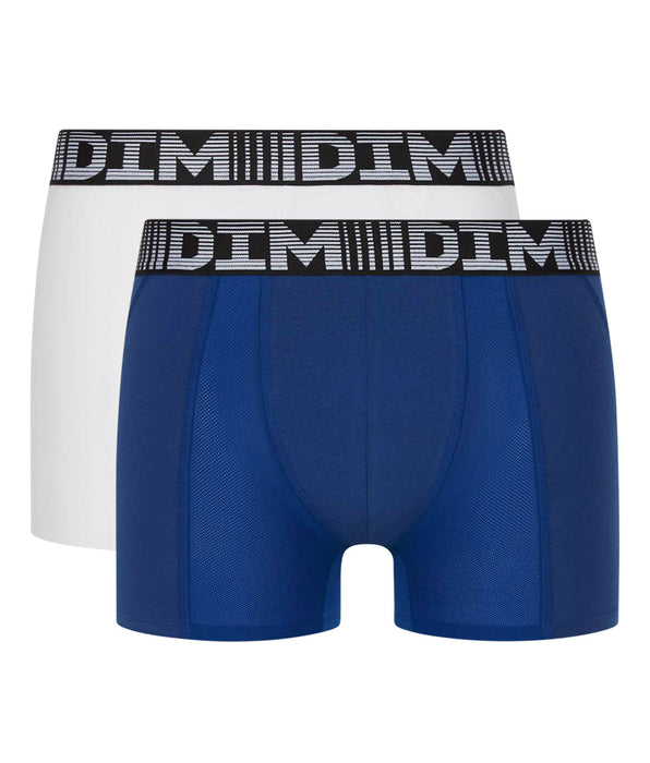 DIM Lot de 2 boxers longs homme respirants Bleu Blanc 3D Flex Air