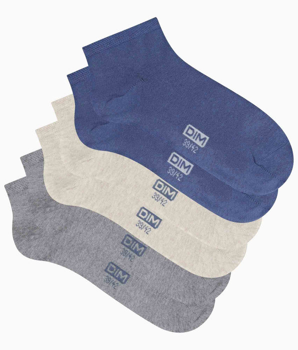 DIM Lot de 3 paires de socquettes homme Bleu Gris Beige Dim Coton