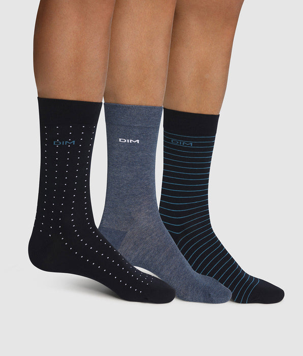 DIM Pack of  3 pairs of men's cotton striped socks Blue Dots Cotton Style