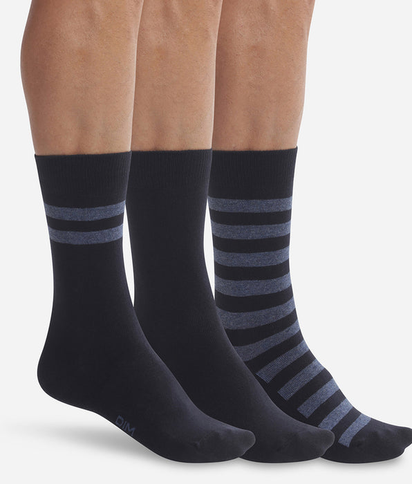DIM Pack of 3 pairs of men's blue striped socks Dim Coton Style