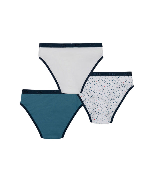 DIM Pack of 3 girls' White Blue Les Pockets stretch cotton knickers with a star pattern