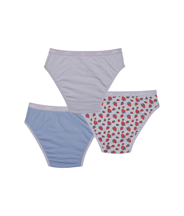 DIM Les Pockets Pack of 3 Lilac girl's knickers in stretch cotton with strawberry pattern