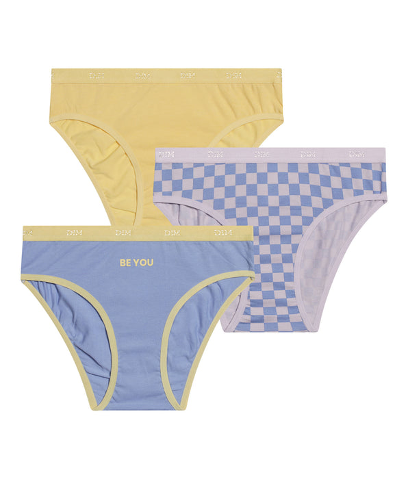 DIM Pack of 3 girls' stretch cotton panties with checkerboard pattern Yellow Les Pockets