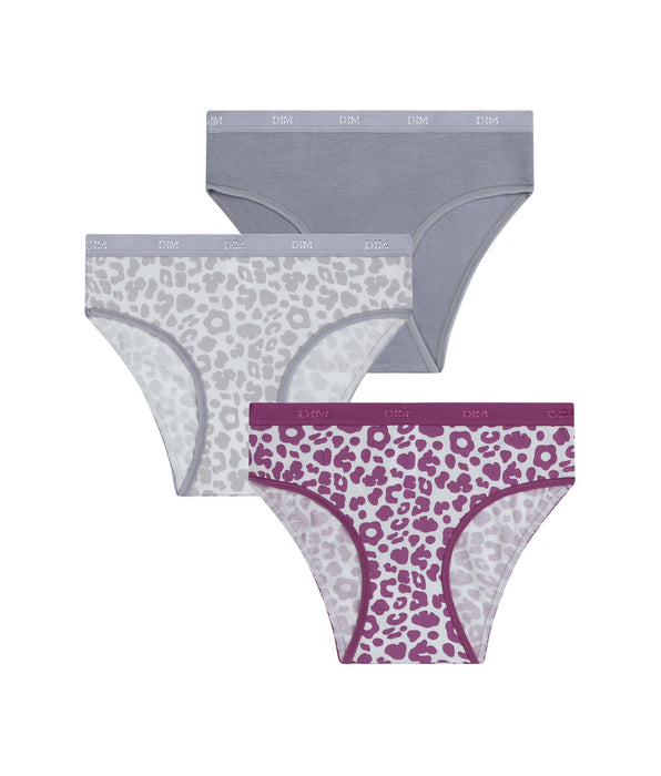 DIM Pack of 3 grey and purple Léo stretch cotton girls' knickers Les Pockets