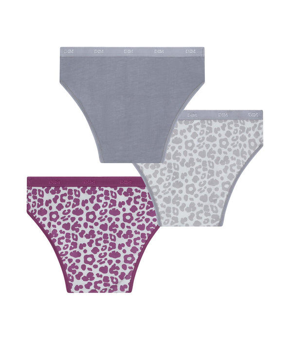 DIM Pack of 3 grey and purple Léo stretch cotton girls' knickers Les Pockets