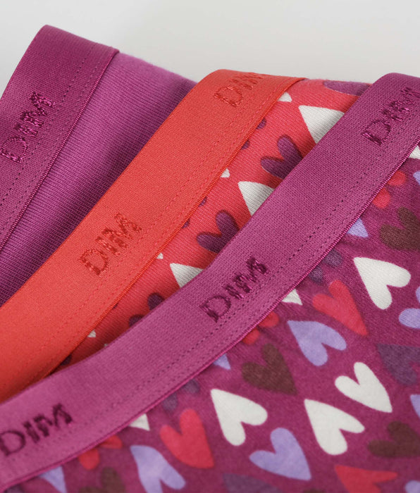 DIM Lot de 3 culottes fille coton stretch Violet Rouge à cœurs Les Pockets