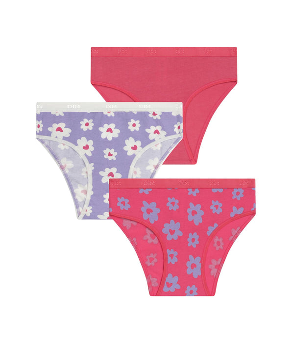 DIM Pack of 3 Les Pockets stretch cotton girls' knickers in purple and pink with floral print