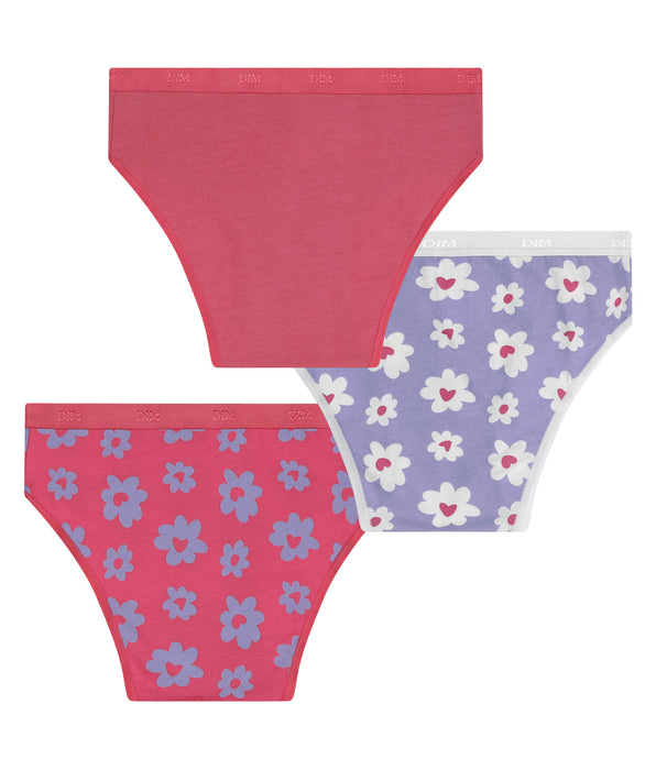 DIM Lot de 3 culottes fille coton stretch Violet Rose à fleurs Les Pockets
