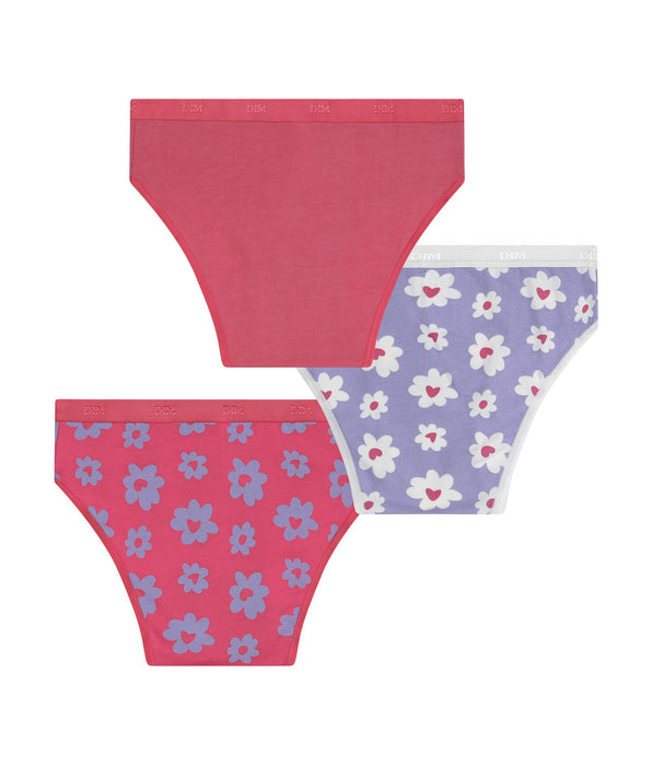 DIM Pack of 3 Les Pockets stretch cotton girls' knickers in purple and pink with floral print