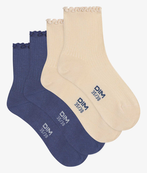 DIM Pack of 2 pairs of women's Blue Cream Dim Modal ruffled socks