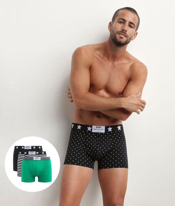DIM Lot de 3 boxers homme coton stretch à imprimés pois rayures Dim Vibes