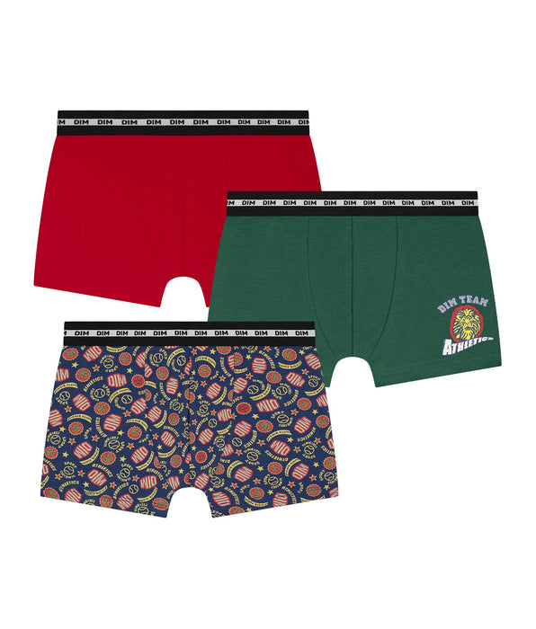 DIM Pack of 3 children's boxer shorts in red and green with Dim logo in stretch cotton