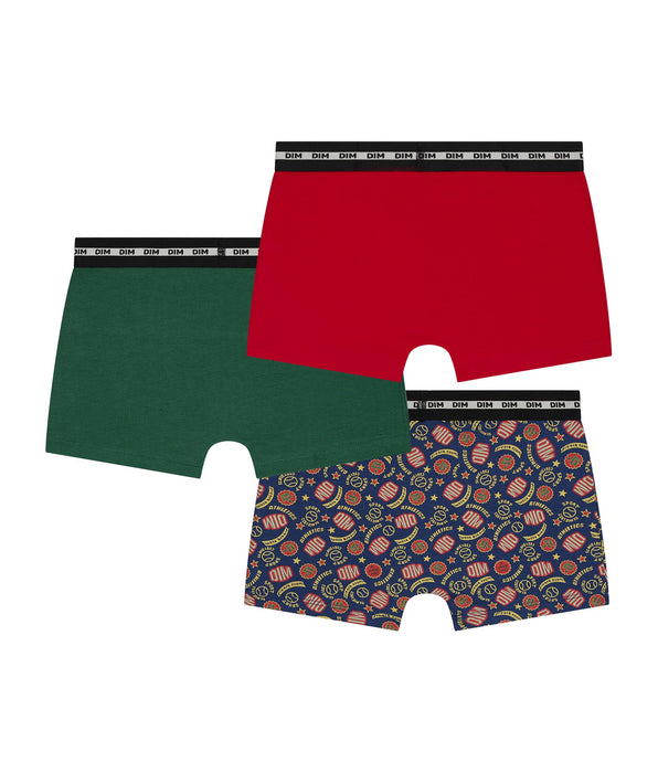 DIM Pack of 3 children's boxer shorts in red and green with Dim logo in stretch cotton