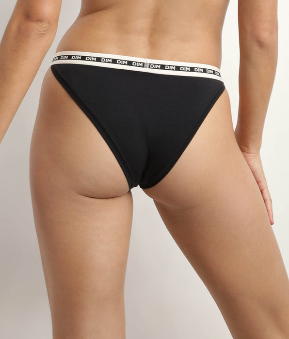 DIM Modal cotton tanga in Black and Beige waistband Dim Icon Essentiel