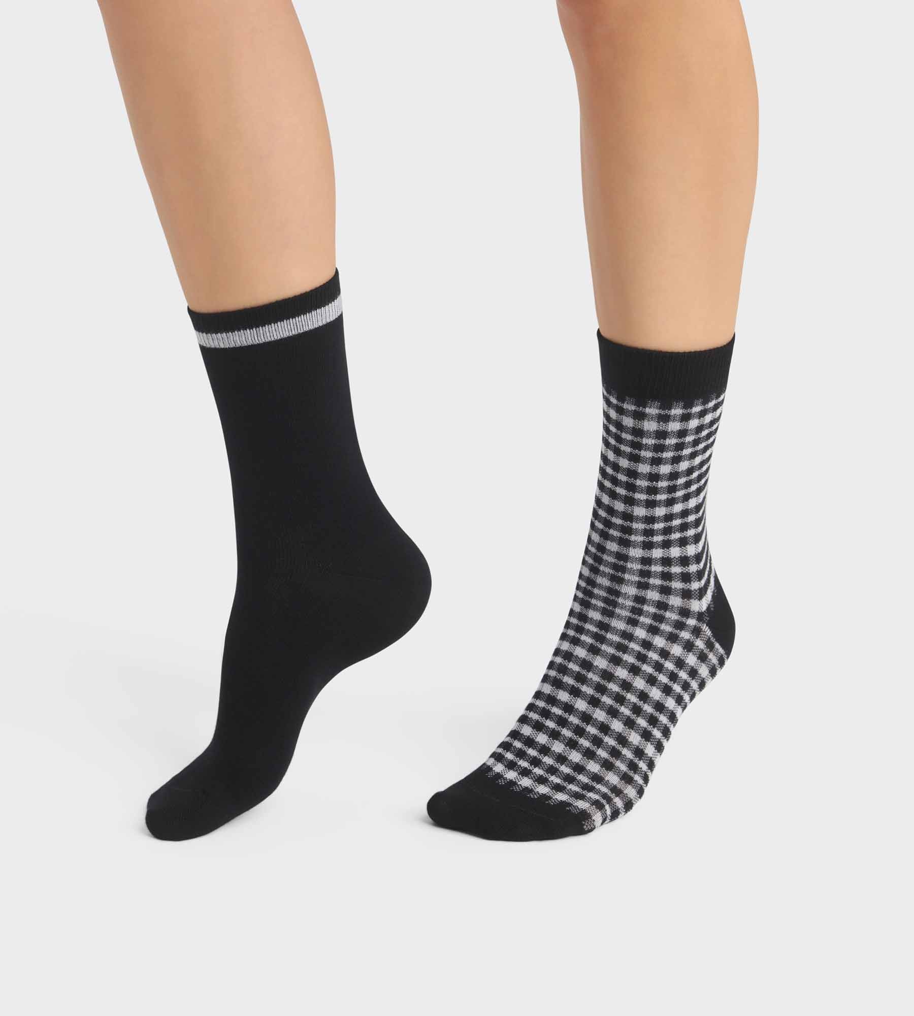 Pack of 2 pairs of women's gingham pattern socks in Black Dim Cotton ...