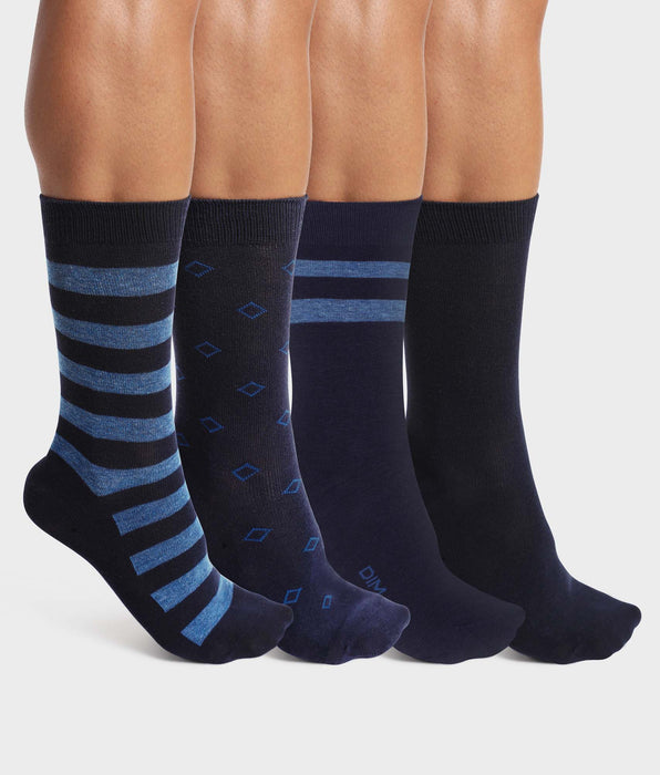 DIM Pack of 4 pairs of men's striped cotton socks in Navy EcoDim Style