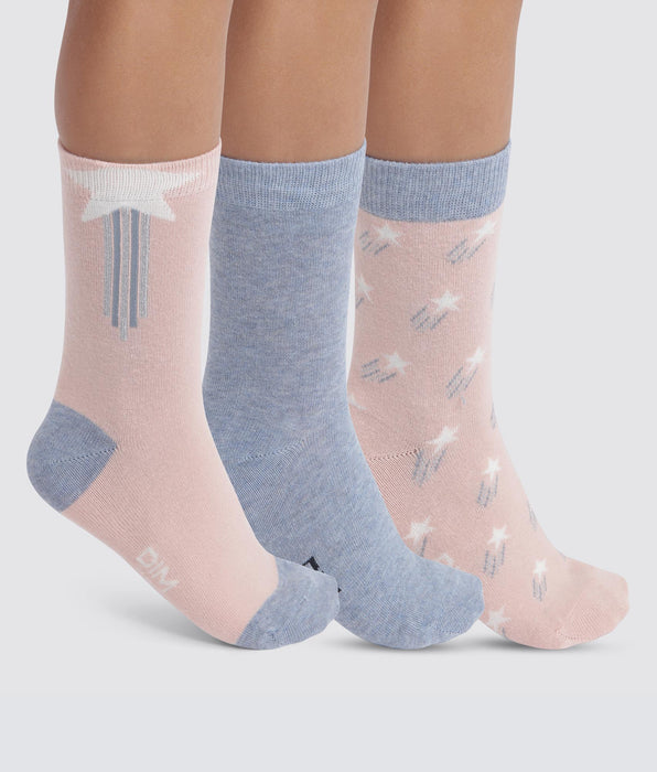 DIM Lot de 3 paires de chaussettes enfant à étoiles Denim Rose Coton Style