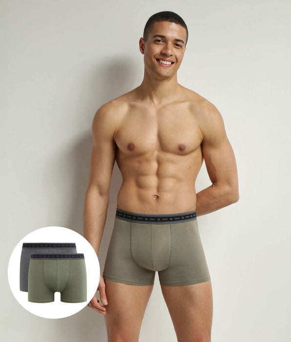 DIM 2er-Pack Herren-Boxershorts aus anthrazitfarbener und grüner Bio-Baumwolle. Dim Good