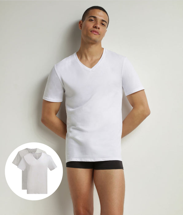 DIM Pack of 2 t-shirts men's White Grey organic cotton V-neck Dim Good