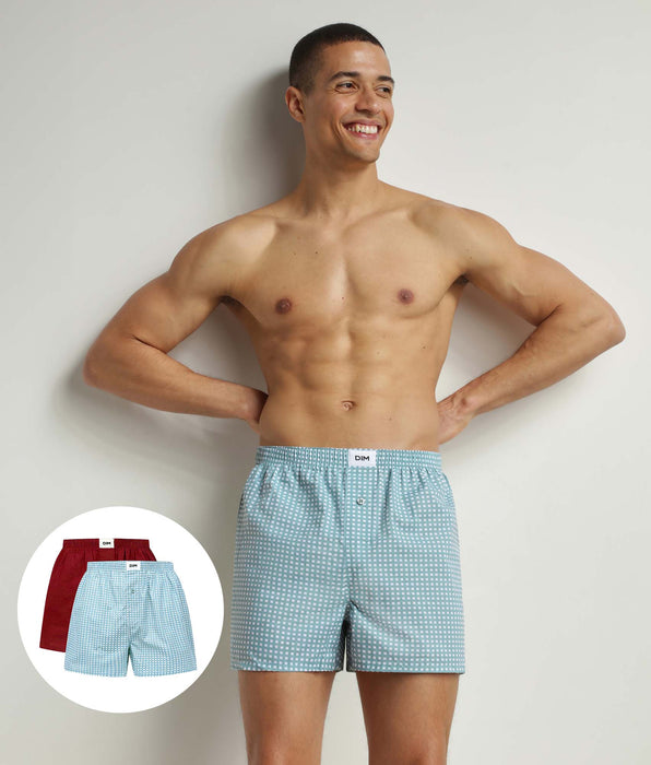 DIM Pack of 2 boxer shorts men's Red Green organic cotton Vichy pattern Dim Good