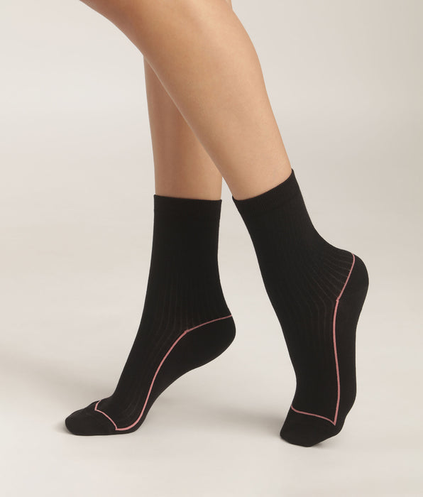 DIM Women's ribbed cotton socks Black with coloured piping Dim Fashion