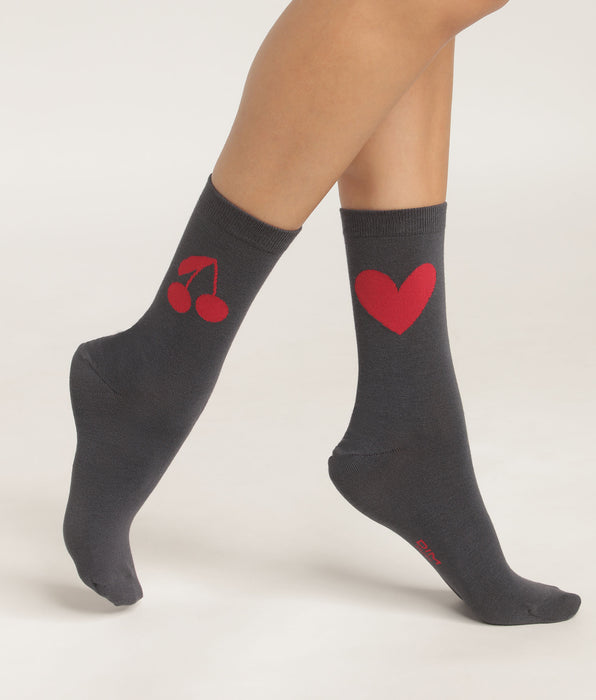 DIM Lot de 2 paires de chaussettes femme Gris Foncé à motifs coeur et cerise Dim Bambou