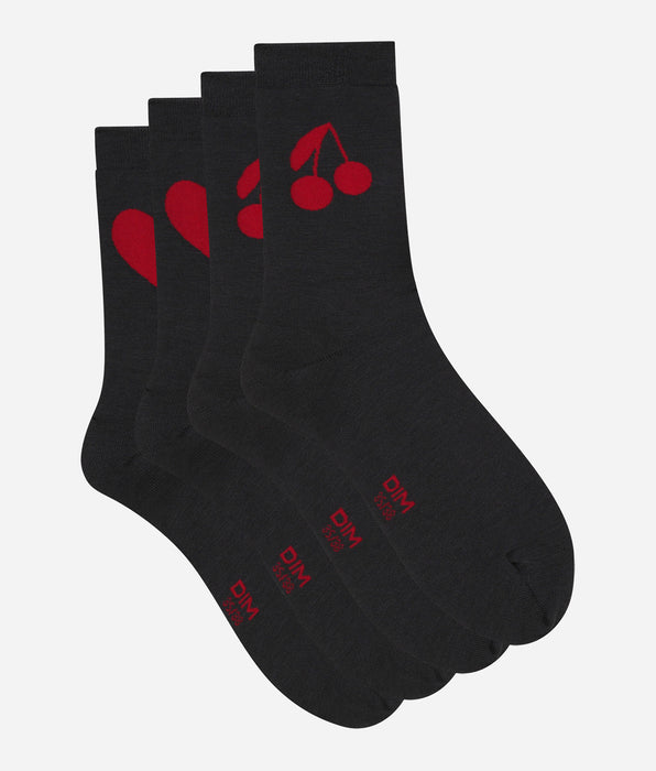 DIM Lot de 2 paires de chaussettes femme Gris Foncé à motifs coeur et cerise Dim Bambou