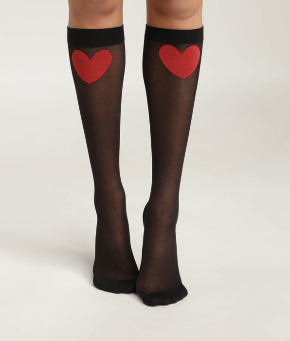DIM Women's knee-highs in sheer black voile with red heart Dim Style