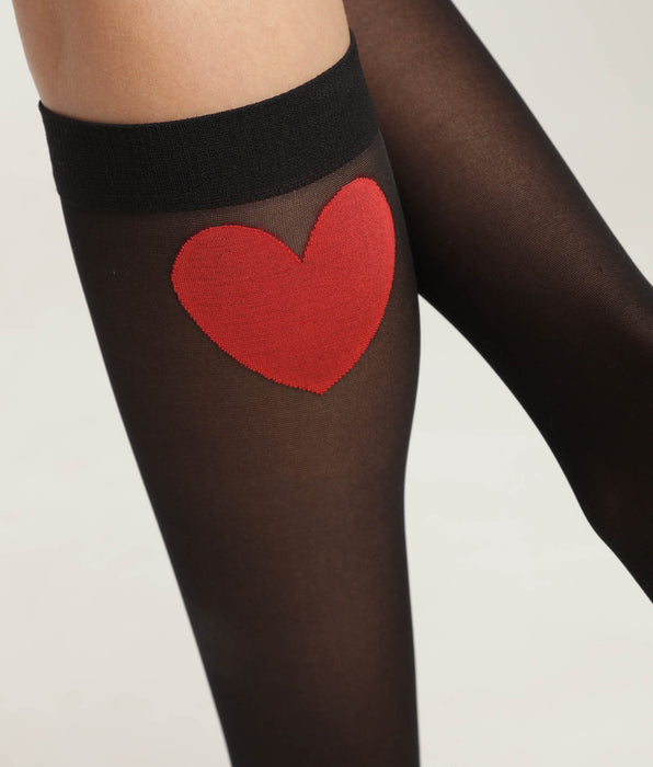 DIM Women's knee-highs in sheer black voile with red heart Dim Style