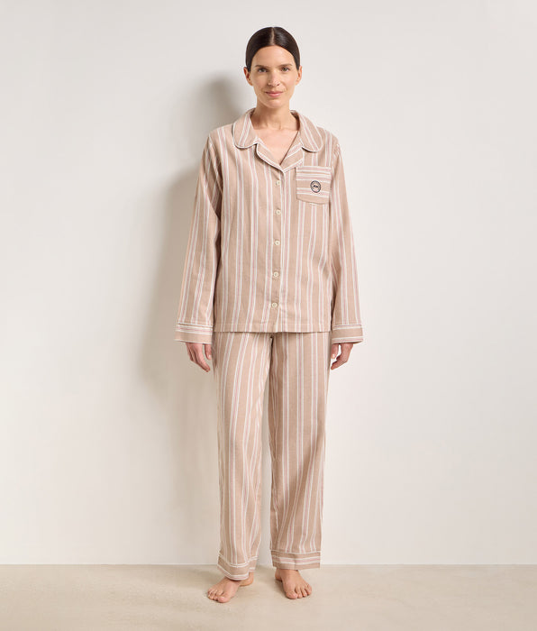 DIM Ensemble pyjama femme flanelle rayée brun et beige DIM x Ines de la Fressange