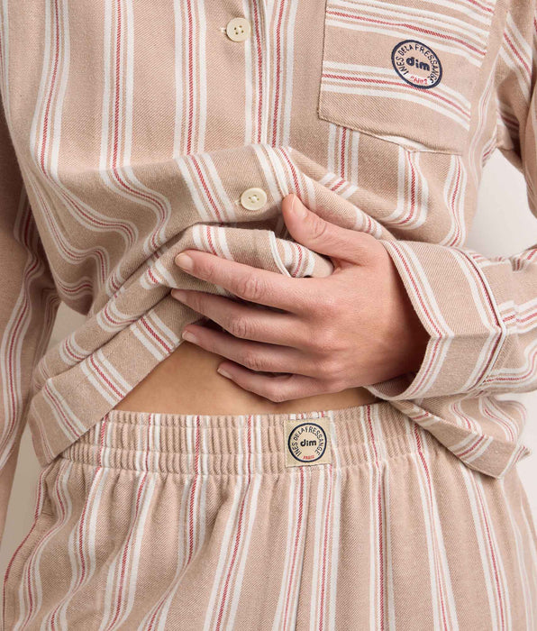 DIM Women's striped brown and beige flannel pyjama set DIM x Ines de la Fressange