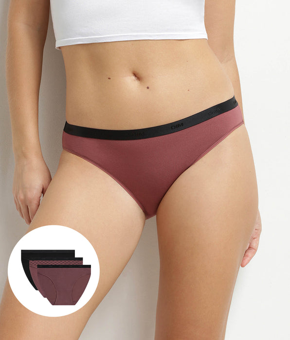 DIM Lot de 3 slips femme en coton stretch Noir Prune Les Pockets