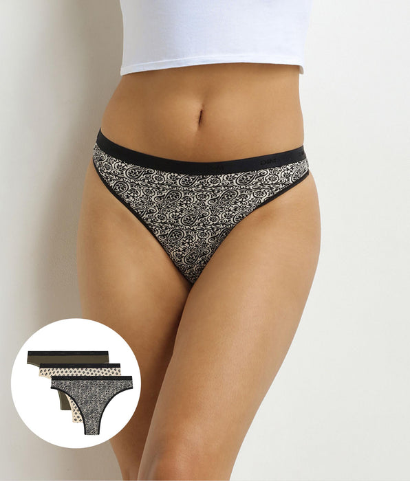 DIM Pack of 3 Women's Ethnic Khaki Pattern G-strings Black Les Pockets
