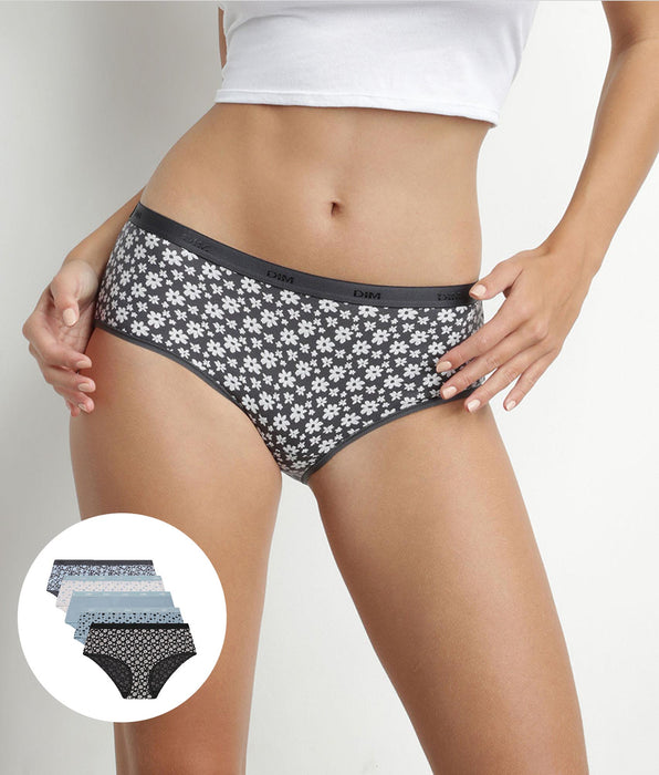 DIM Lot de 5 shorties femme coton stretch Bleu Gris à fleurs Les Pockets