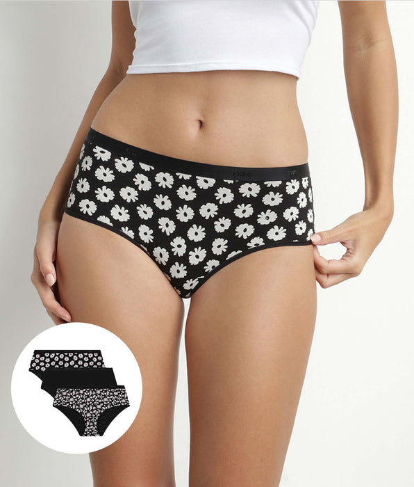 DIM Pack of 3 women's stretch cotton shorties Black Beige with flowers Les Pockets