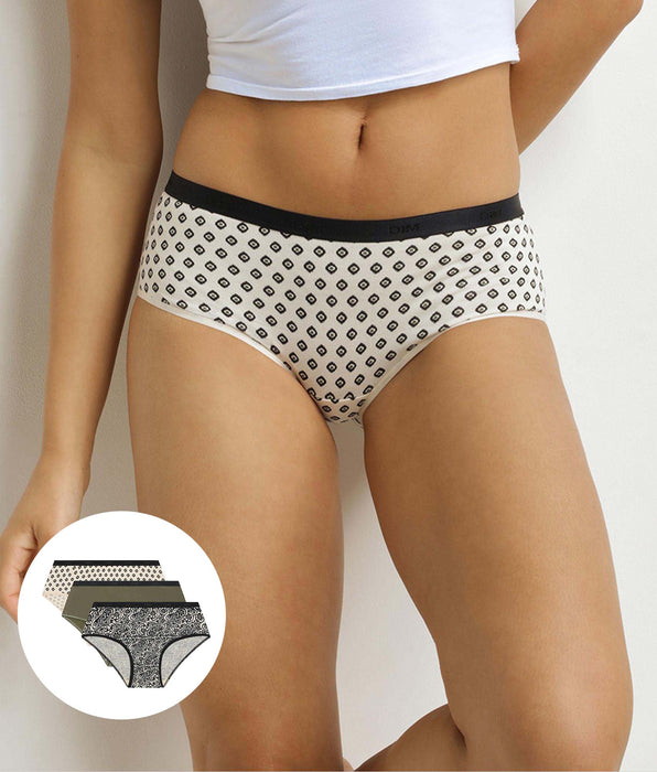 DIM Pack of 3 women's ethnic pattern boxer shorts, Khaki, Black Les Pockets