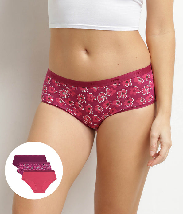DIM Pack de 3 bóxers de mujer de algodón elástico Fleurs Rubis Les Pockets