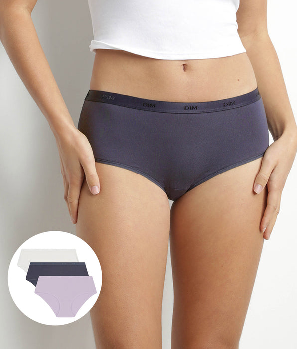 DIM Pack of 3 women's stretch cotton shorties Lila Blanc Les Pockets Ecodim