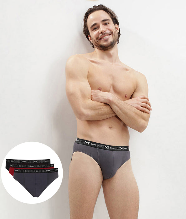 DIM Pack of 3 pairs of Coton Stretch grey, chilli red and black briefs