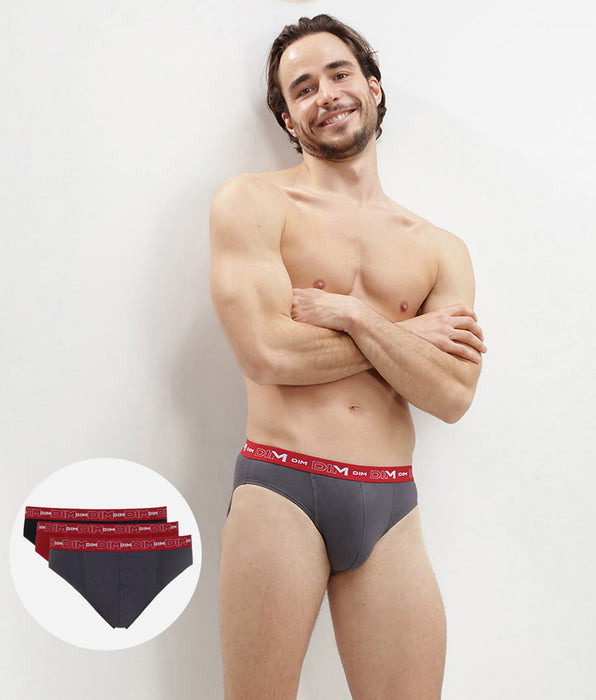 DIM Pack of 3 pairs of Coton Stretch grey, chilli red and black briefs