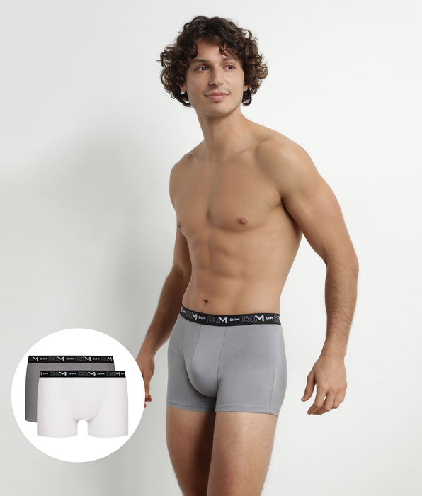DIM Pack of 2 Men's Boxers White Grey Contrast Waistband Dim Cotton Stretch