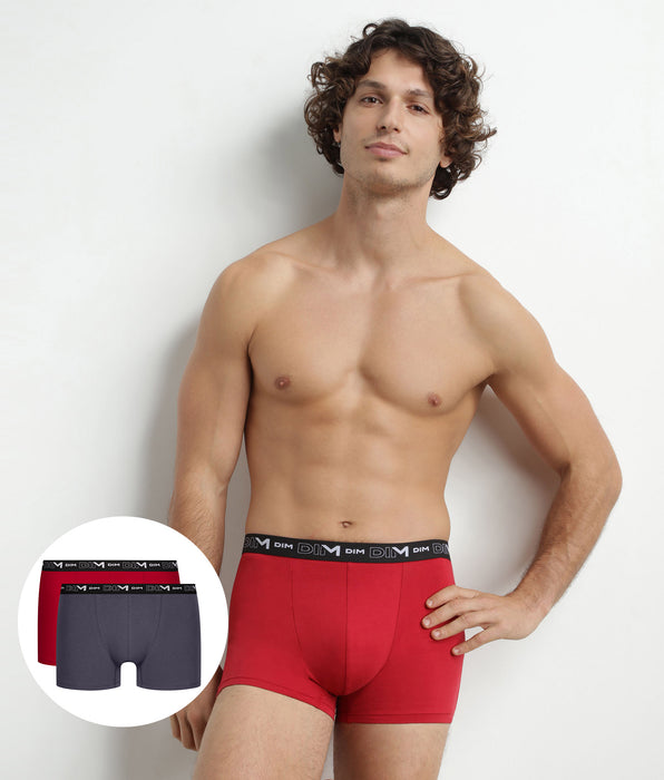DIM 2er-Pack Herren-Boxershorts Grau/Rot mit Kontrastgürtel aus Stretch-Baumwolle