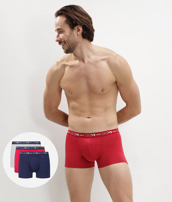 DIM Cotton Stretch pack of 3 men's trunks in denim blue topaz red and steel grey