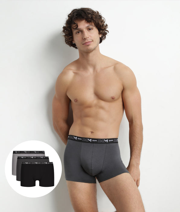 DIM Lot de 3 boxers homme en coton Noir Gris Dim Coton Stretch