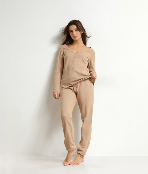 DIM Women's V-neck pyjama Pack in taupe jersey Dim Cosy Time