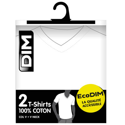 Pack of 2 white EcoDIM V-neck T-shirts in pure cotton, , DIM